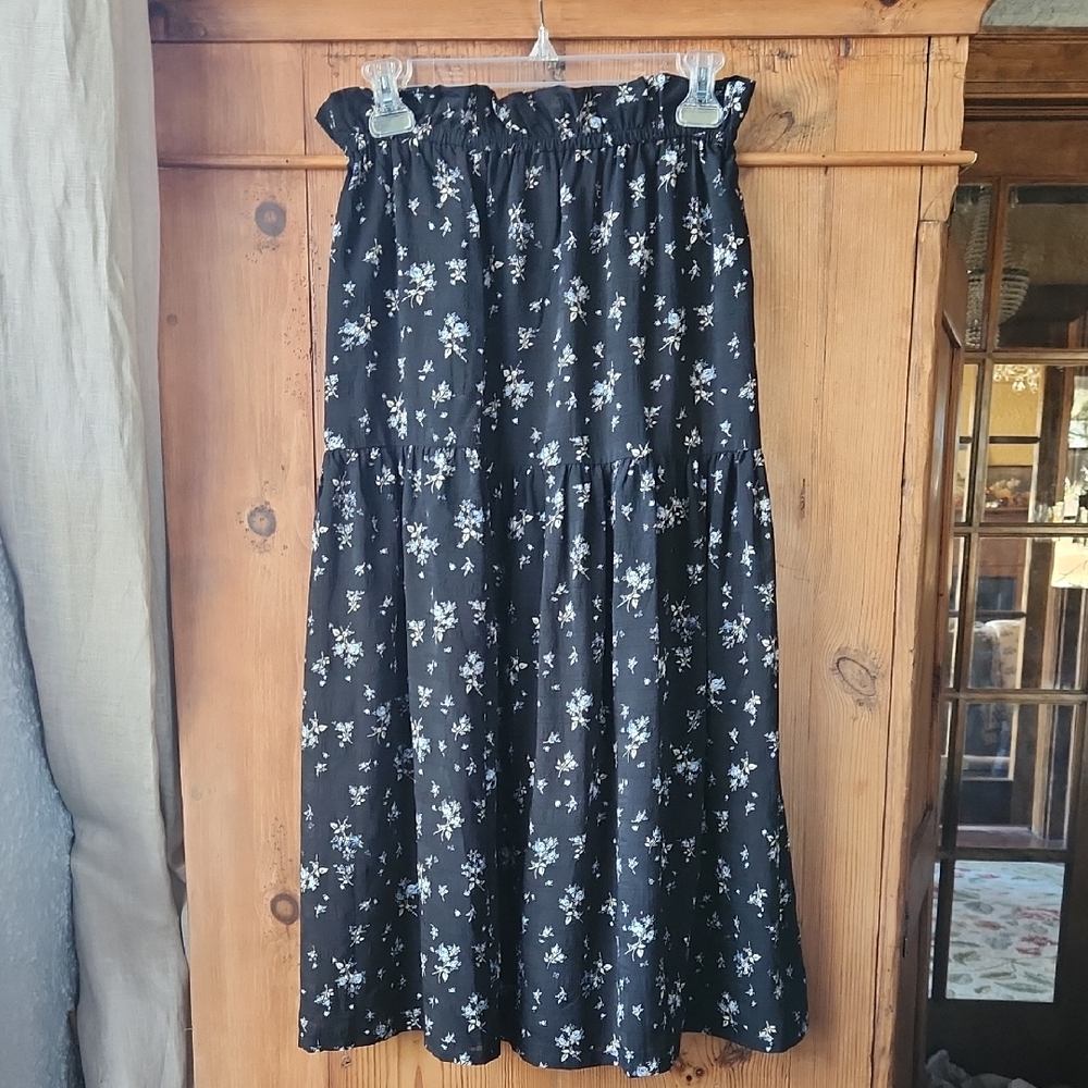 Cottage Style Black Floral Tiered Maxi Skirt